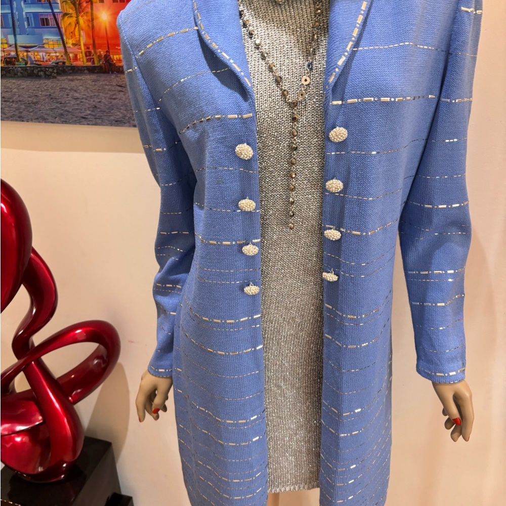 St. John Periwinkle Longline dress suit jacket silver paillettes embellished 6
